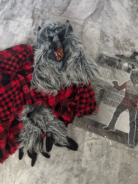 Kids XL Werewolf Costume Mask & Paw Set with Red Black Plaid Shirt
