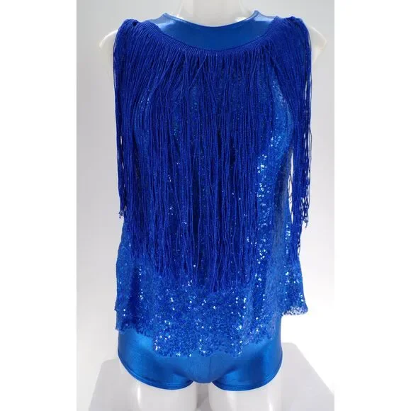 Pre-Owned Dance Costume A Wish Come True 18945 Large Child Blue Fringe Jazz Seq