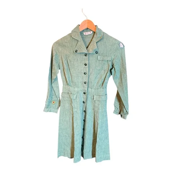 Vintage‎ Girl Scout Uniform Dress Patches Emblems Green Girls Kids Costume