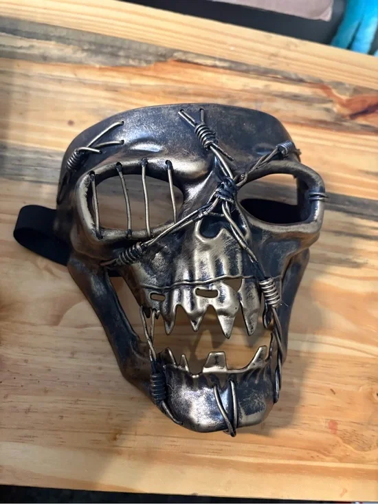 Distressed Metallic Skull Mask with Barbed Wire Detail - Antique Brass
