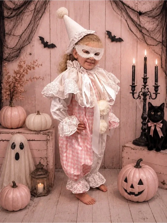 Kids Pink Pierrot Clown Costume with collar