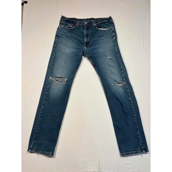Levis 505 Regular Fit Straight Leg Jeans Mens 36x34 Blue Distressed Denim