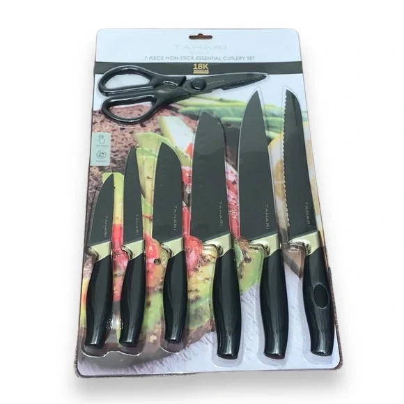 Tahari Home 7-Piece Non-Stick Cutlery Set Black & Gold NWT