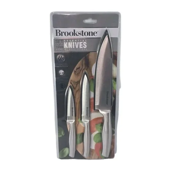 Brookstone 3 Piece Essential Knife Set Stainless Steel W/ Sheaths Ergonomic New