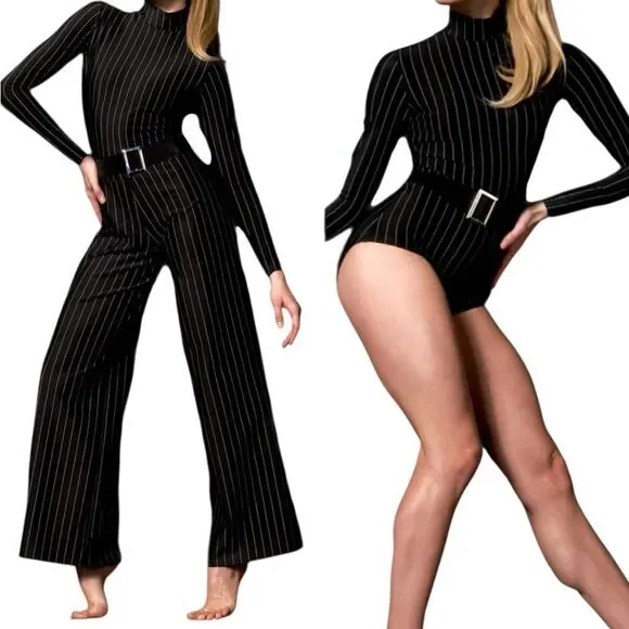 Kelle dance black pinstripe costume 2 piece pants leotard STRIPE ZONE 103530 MA