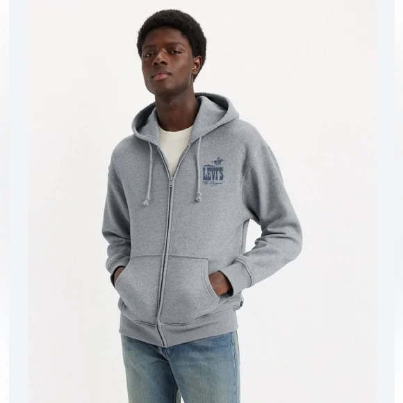 Levi's Men's Western Logo Relaxed Fit Zip-Up Sweatshirt - Light Gray new