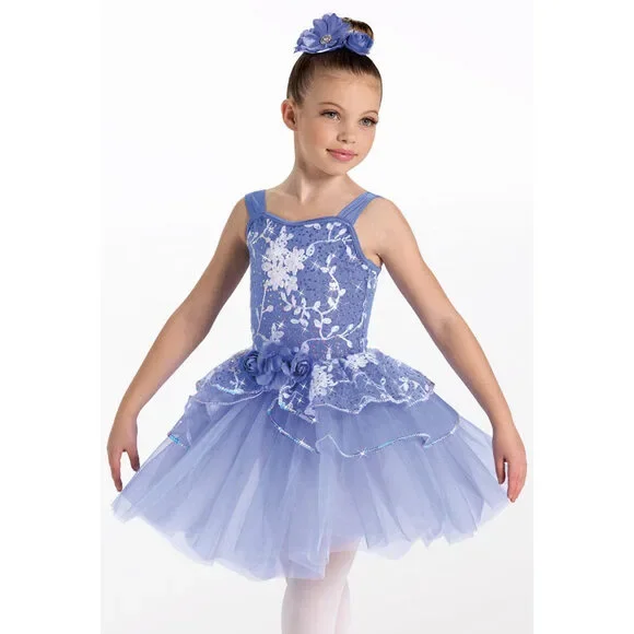Pre-Owned Dance Costume Weissman 13690 6X-7 Child Blue Floral Tutu Ballet Sequi