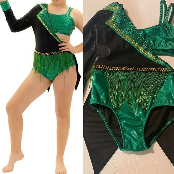 Glamour solo dance costume neon green Feather rhinestone embellished leotard XLC