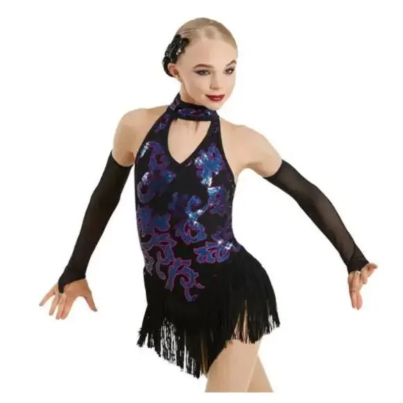 Pre-Owned Dance Costume Weissman 10919 Medium Child Pink Blue Fringe Jazz Latin