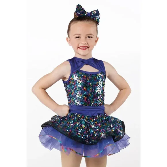 Pre-Owned Dance Costume Weissman 13475 XXL Child Blue Dress Jazz Sequin 1