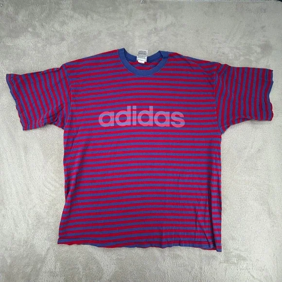 VTG Adidas Mens T Shirt Large Red Blue Striped Preowned Made In USA Short Sleeve