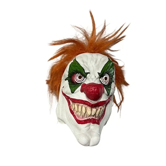 Creepy Evil Clown Latex Mask Orange Hair Halloween Horror Costume Accessory