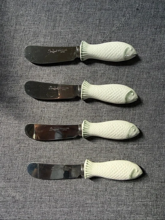 Vintage Shafford Fish-Handle Butter Knife - White Porcelain Handle (Set of 4)