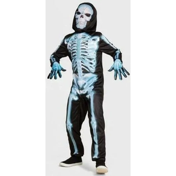 Kids X Ray Skeleton Costume‎ Jumpsuit Mask Gloves Halloween Spooky Size S NEW
