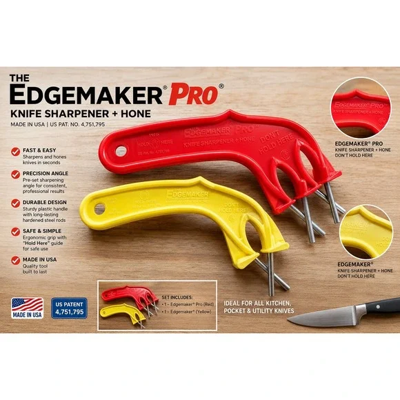 Edgemaker Pro Knife Sharpener and Hone Set Red Yellow Handheld Made in USA