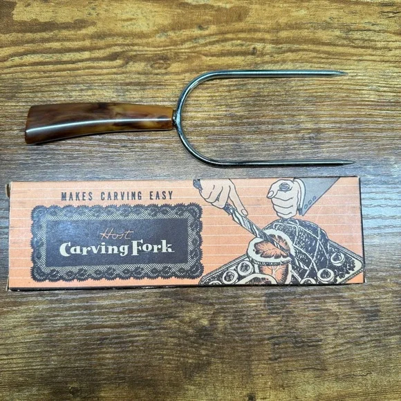 Vintage Host Carving Fork 315 Langner Mfg Co USA Faux Horn Handle Mid Century