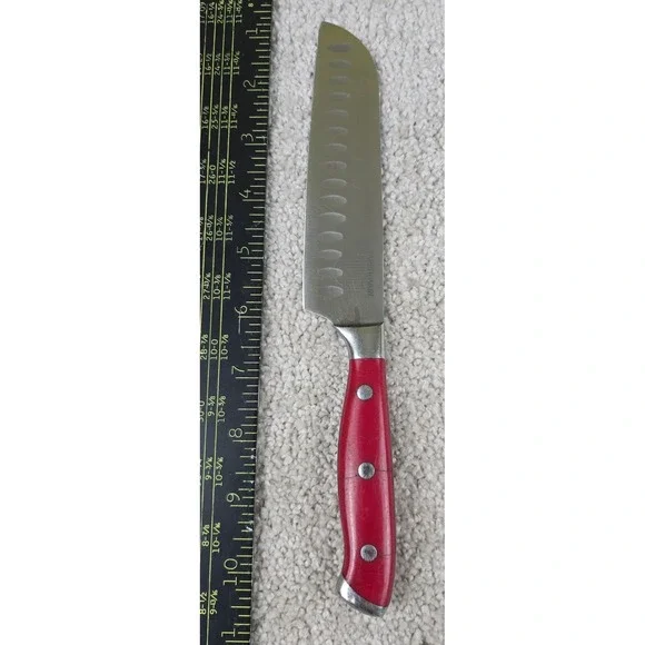 Farberware Santoku Knife Red Stainless Steel Granton Edge Full Tang Triple Rivet