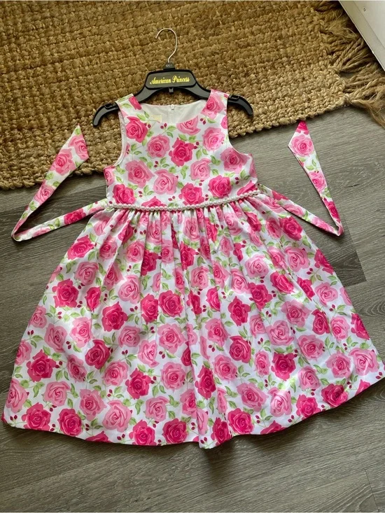 American Princess Pink Rose~Print Dress with Matching Sash