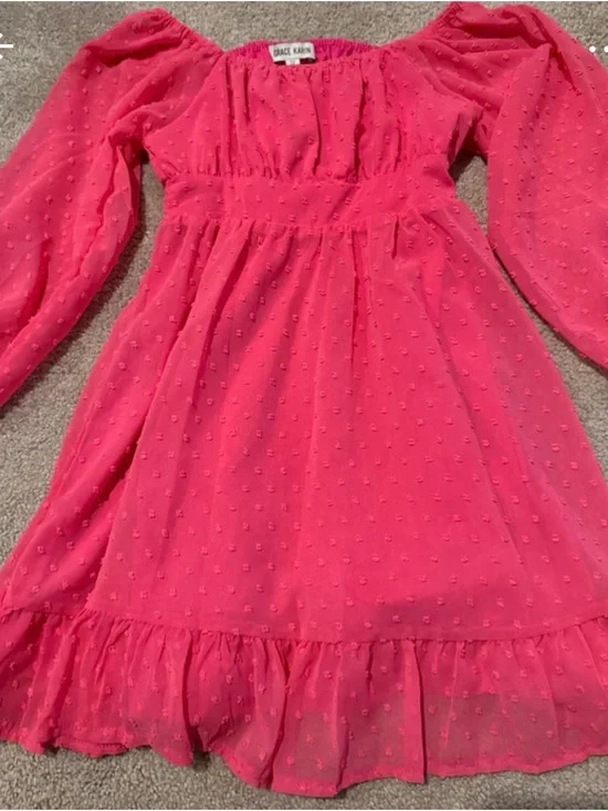 Grace Karin Girls' Hot Pink Swiss Dot Long Sleeve Ruffle Dress