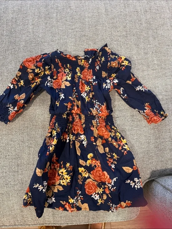 Janie and Jack Girls Navy Floral Smocked Waist Dress