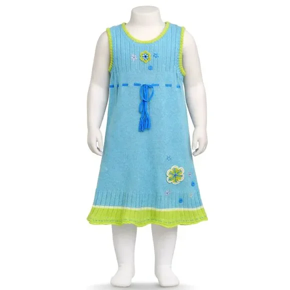 Kaboo Toddler Girls 24M Dress Blue Lime Green Cable Knit Sleeveless  Appliqued
