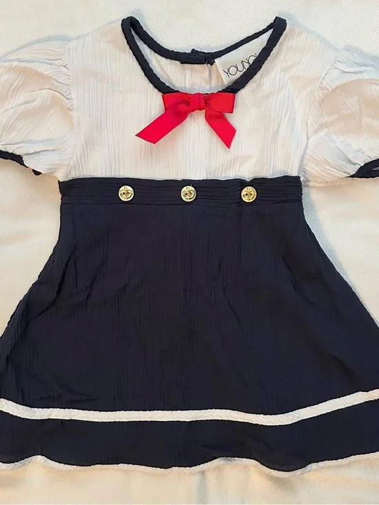 Vintage Youngland Navy & White Nautical Dress 2T Sailor Gold Button Short Sleeve