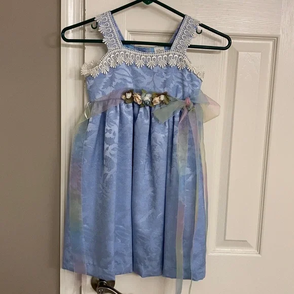 Fancy dress blue w/ lace & lace tie & flowers FLOWER GIRL QUINCINERA SISTER