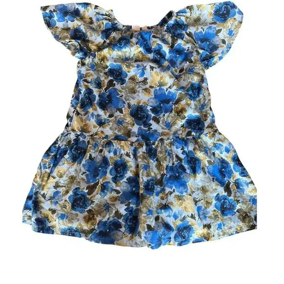 Girls Gap Floral Dress, Medium / 8, Blue, Lined, 100% Cottom, Flutter Sleeve