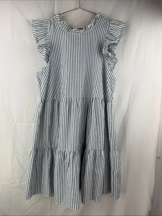 Mudpie Blue & White Striped Tiered Ruffle Sleeve Tie Back Size Large Kids Dress