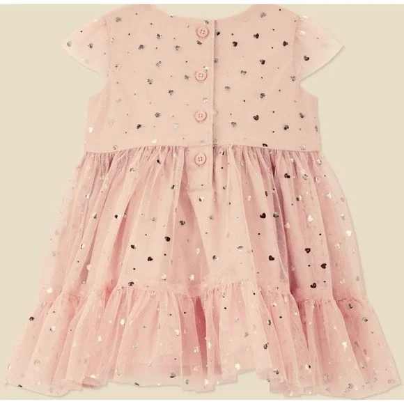 18 mos Pink Tulle Heart Print Baby‎ Dress Diaper Cover Silver Foil Hearts Party