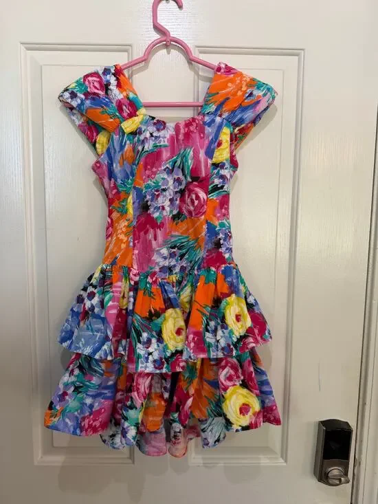 Vintage 80s Amy Too! Ruffle bright Dress Floral Print Multicolor Size 12