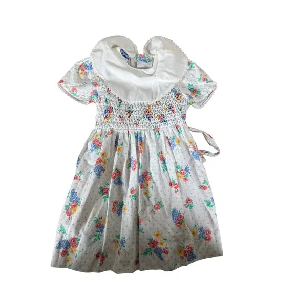 Vintage Polly Flinders smocked white collared floral print‎ cottagecore dress