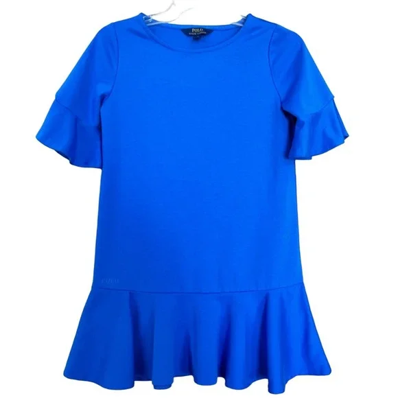 Polo Ralph Lauren Dress Girls Size 12 Blue Short Sleeve Ruffle Hem Casual