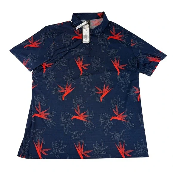 Adidas Oasis Mesh Polo Mens 2XL‎ Navy Blue Floral Bird of Paradise Golf IL9631