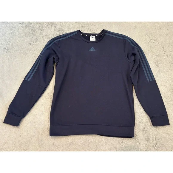 Adidas Mens Navy Blue 3-Stripe Crewneck Sweatshirt Recycled Polyester Size M