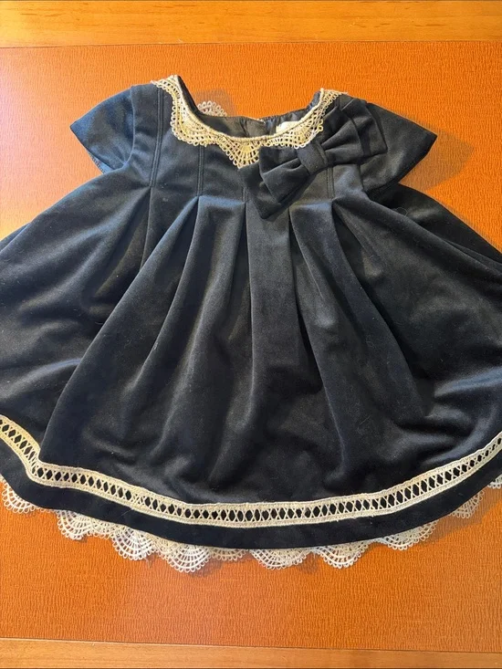 Heirloom Polly Flinders Girls' Velvet Black Lace-Trim Bow Formal Dress