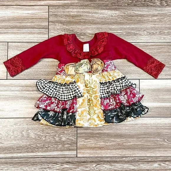 Giggle Moon Long Sleeve Burgundy and Gold Dress, Size 9M