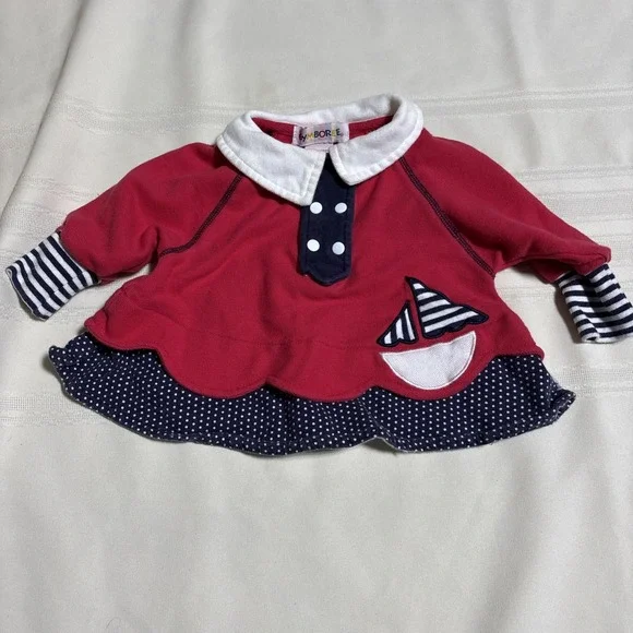 VINTAGE Gymboree Red Baby Dress Long Sleeve Sailor Nautical Cotton Newborn‎