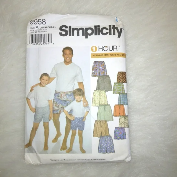 SIMPLICITY 9958 Boy's and men's boxer shorts, 1 hour Boy's xs-xl, men's xs-xl