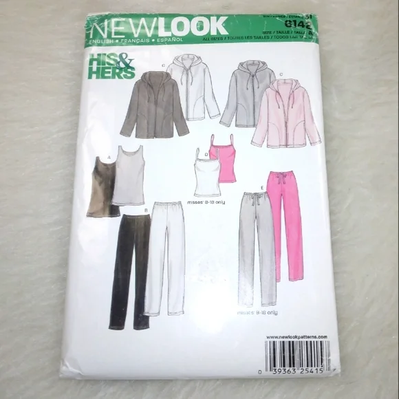 NEW LOOK 6142 His & Hers Tank top, pull on pants, full zip hoodie jacket