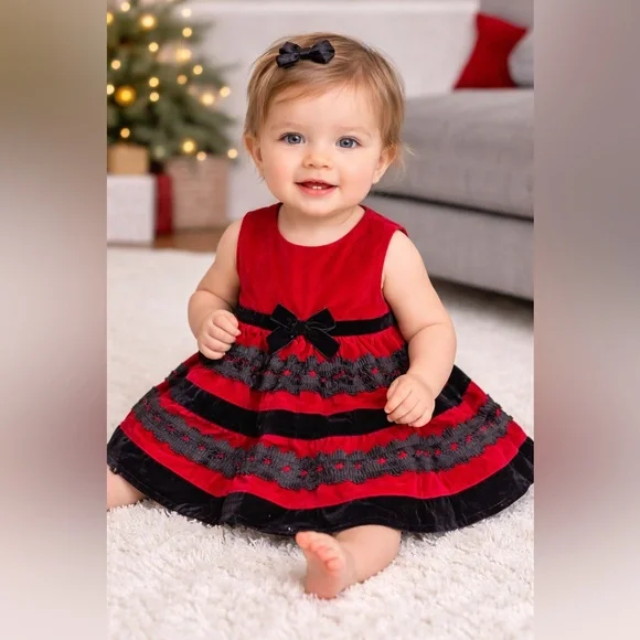 The Children’s Place Baby Girl 6-9M Red Black Velvet‎ Holiday Dress | Christmas