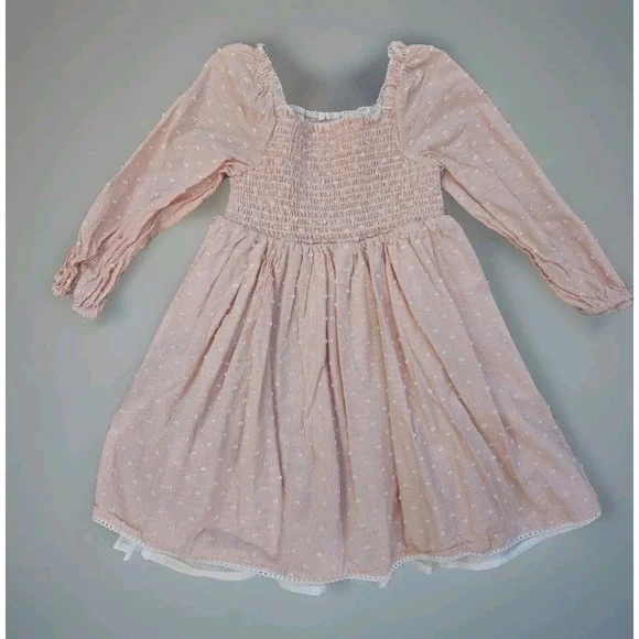 Rachel‎ Zoe Girls Peach Striped Clip Dot Smocked Dress 5T Long Sleeve Lace Trim