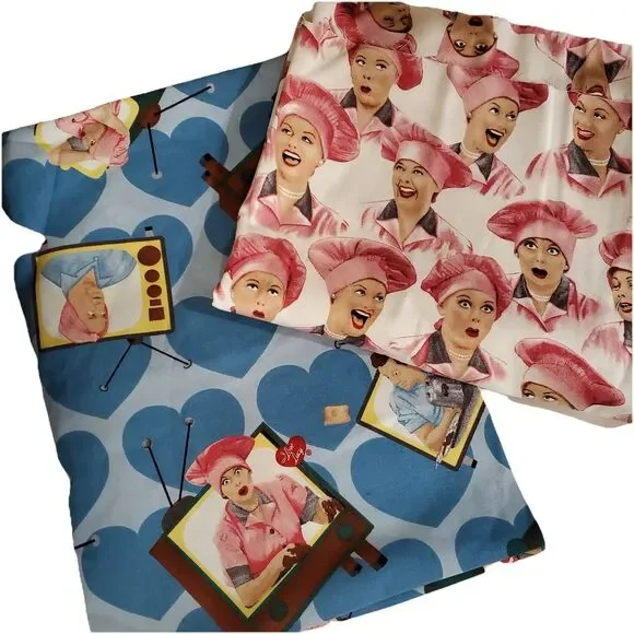 Lot of 2 Quilting Treasures I Love Lucy Fabric Remnants Pink Hat, Blue heart new