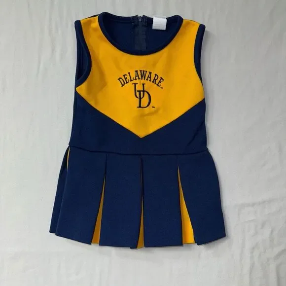 University Of Delaware Cheerleader Dress Girls Size 3 Yellow Navy Pleated Logo