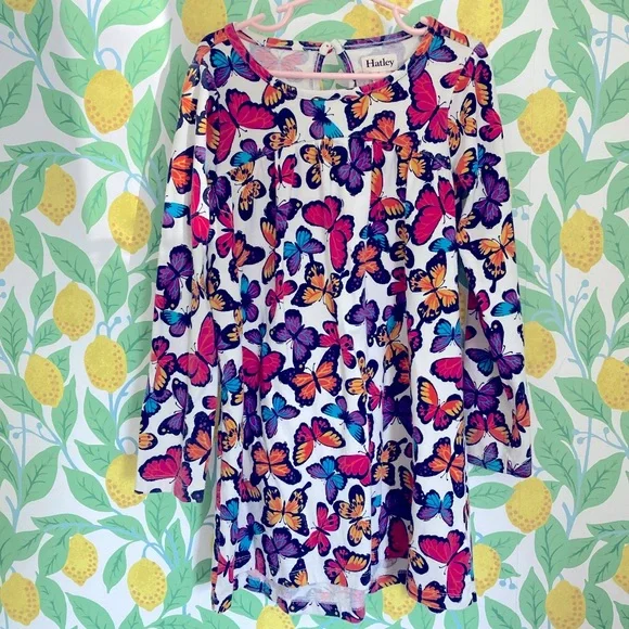 Hatley Butterfly Print Dress Size 7 Trapeze Long Sleeve‎ Colorful