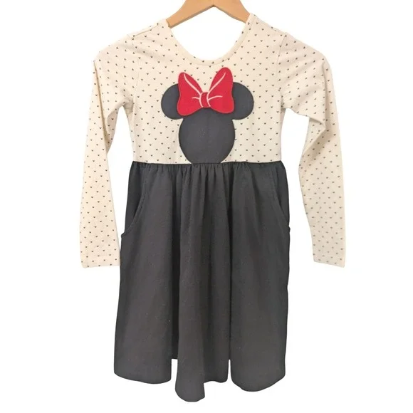 Disney Hanna Andersson Minnie Mouse Dress Girls Size 8 Black White Long‎ Sleeve