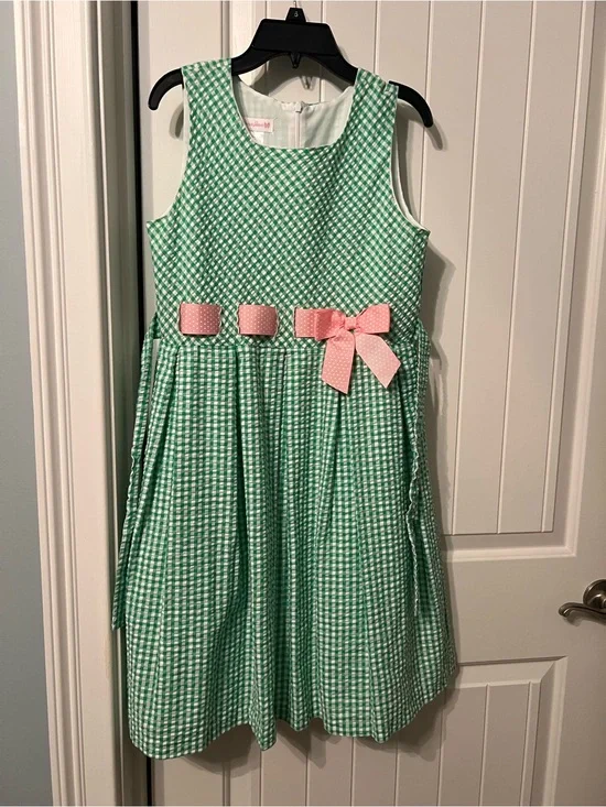 Bonnie Jean Girls 16 Green Searsucker Gingham Dress with Pink Bow