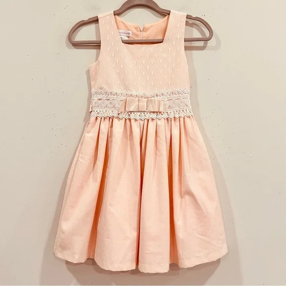Bonnie Jean Girls Dress 10 Peach Lace Bow Waist Mesh Upper‎ Back Tie Lined