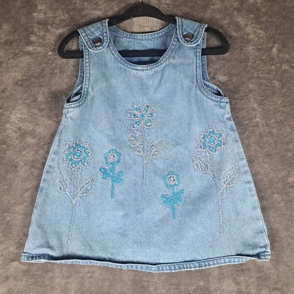 VTG Miniwear Baby Girls 12M‎ Blue Denim Floral Embroidered Jumper Cottagecore