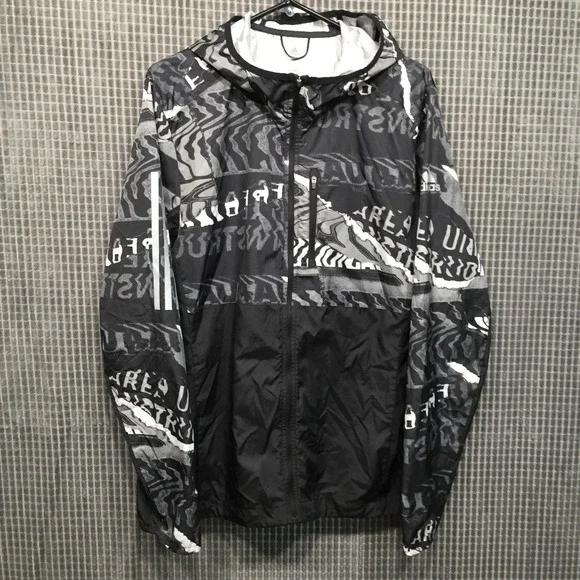 Adidas Mens Running Windbreaker Jacket Graphic Print Hooded ED9284 Medium Black